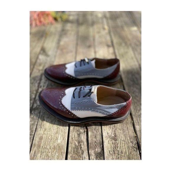 Inch2 Oxford Brogues Handmade Leather Blue White Bergundy Sz 37 - Picture 3 of 11